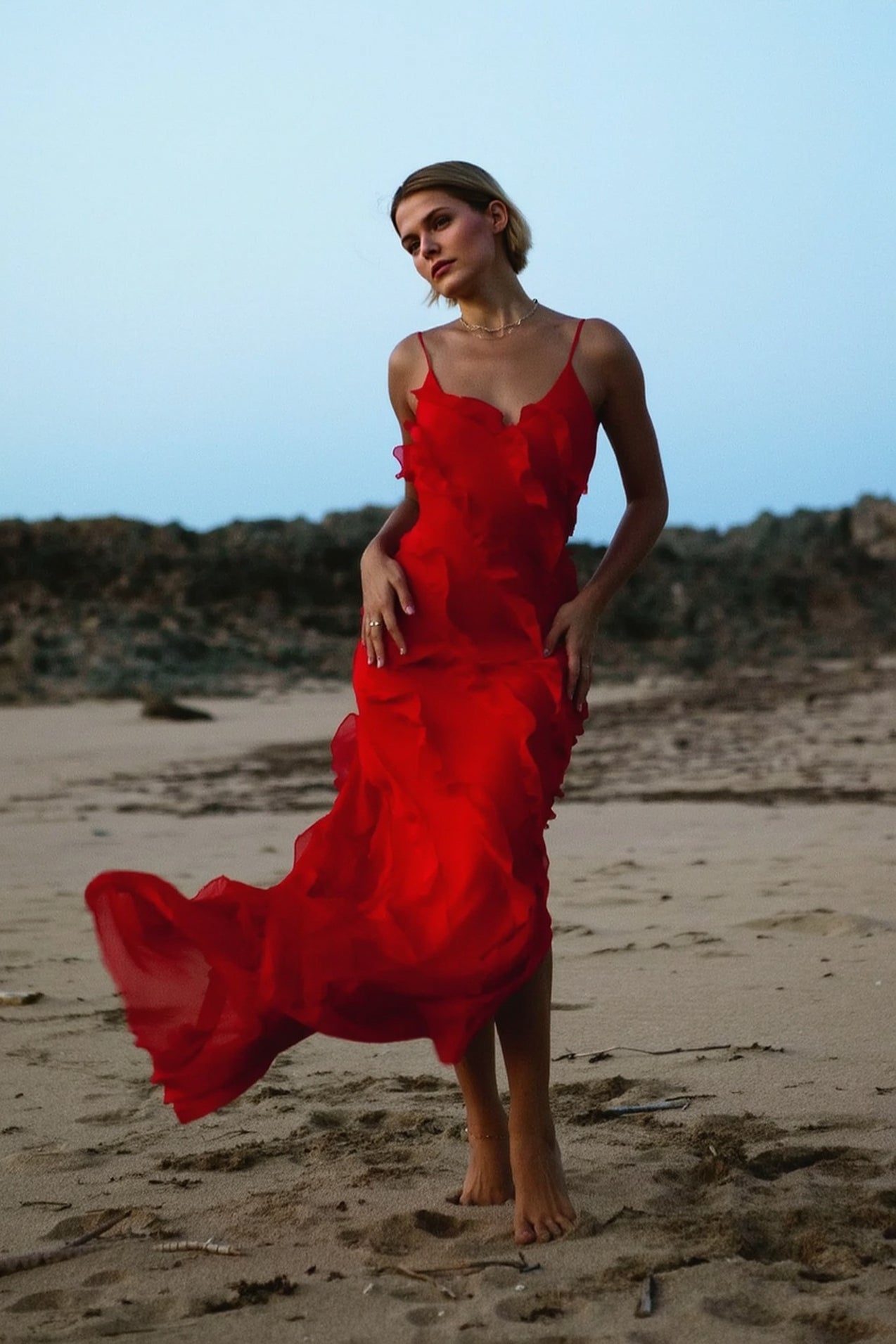 Sexy Backless Slit Fitted Spaghetti Strap Chiffon Ruffled Party Dress Secondary image