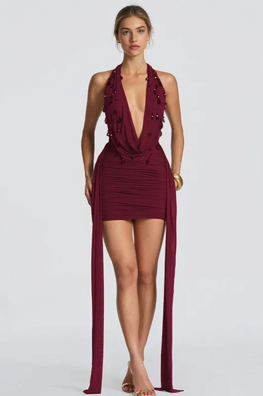 Deep V Halter Sash Teardrop Bodycon Party Dress Secondary image