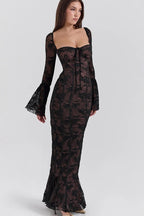 Square Collar Long Sleeve Maxi Dress