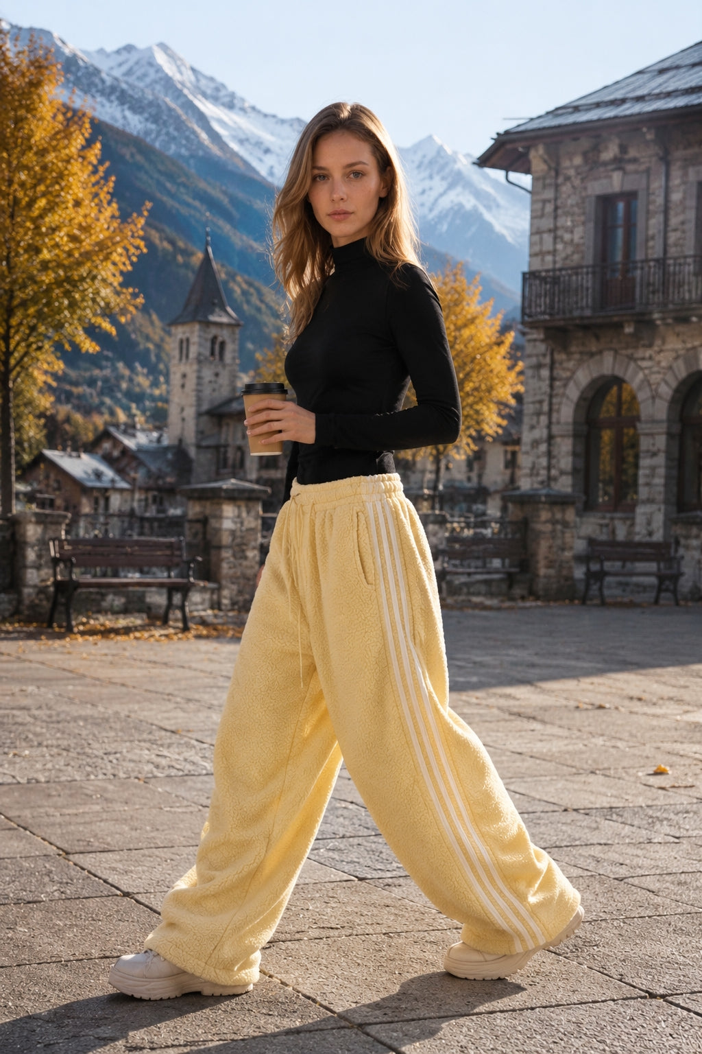 Sporty Plush Wide-Leg Striped Pants