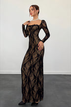 Square Neck Lace Long Sleeve Maxi Dress
