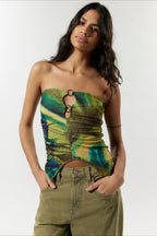 Printed Panel Backless Bandeau Crop Top