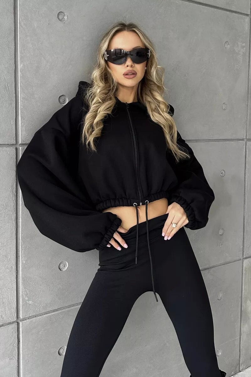 Cropped Waist Cinched Long Sleeve Zip-Up Hoodie