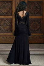 V-Neck Lace Trim Flounce Sleeve Tie Maxi Lace Dress