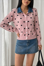 Polka Dot Denim Collar Button Cardigan Sweater
