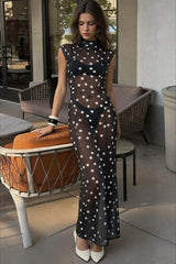 Sexy Polka Dot Silk Tie Waist Sleeveless Party Dress