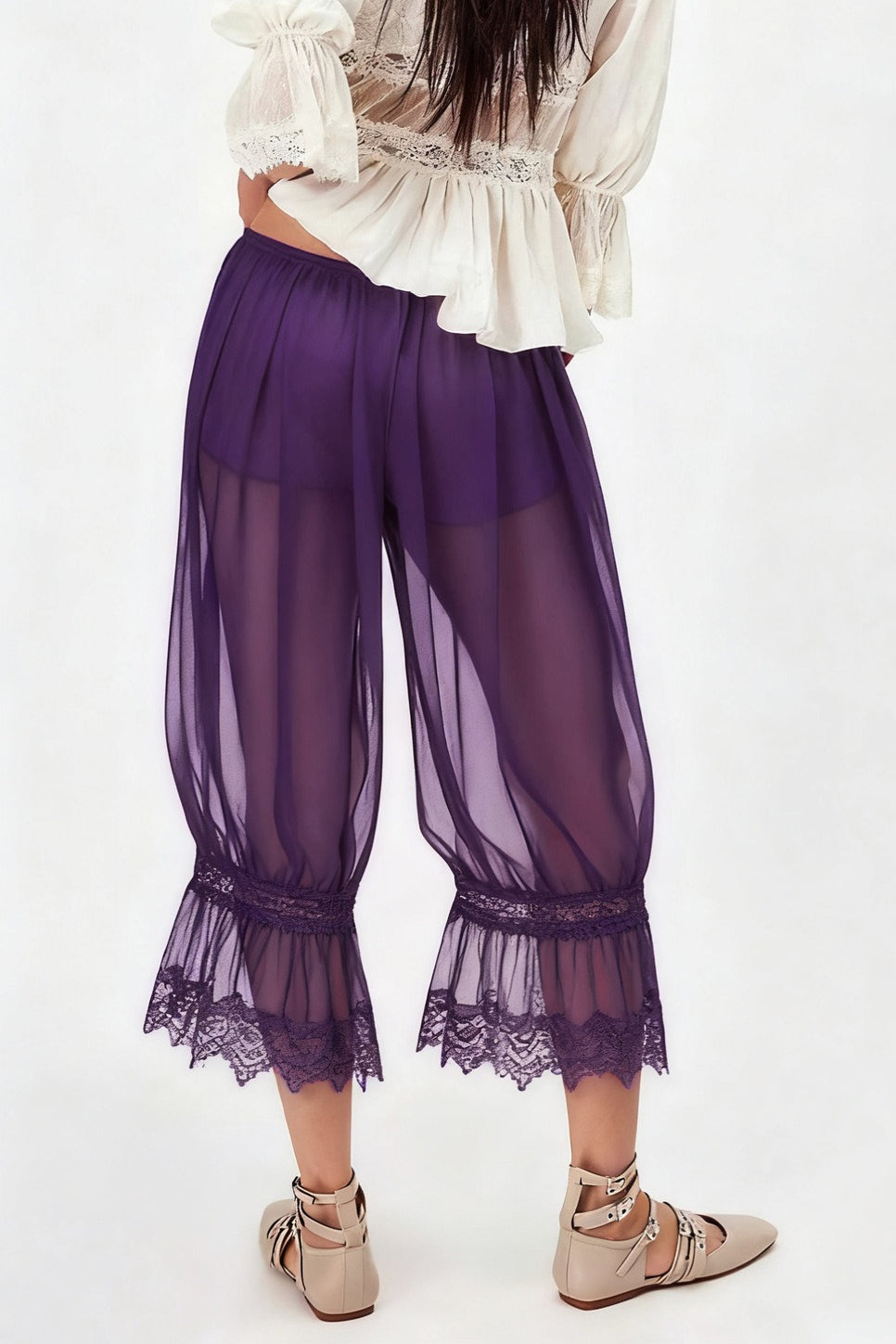 Sheer Mesh Lace Floral Panel Lined Pants