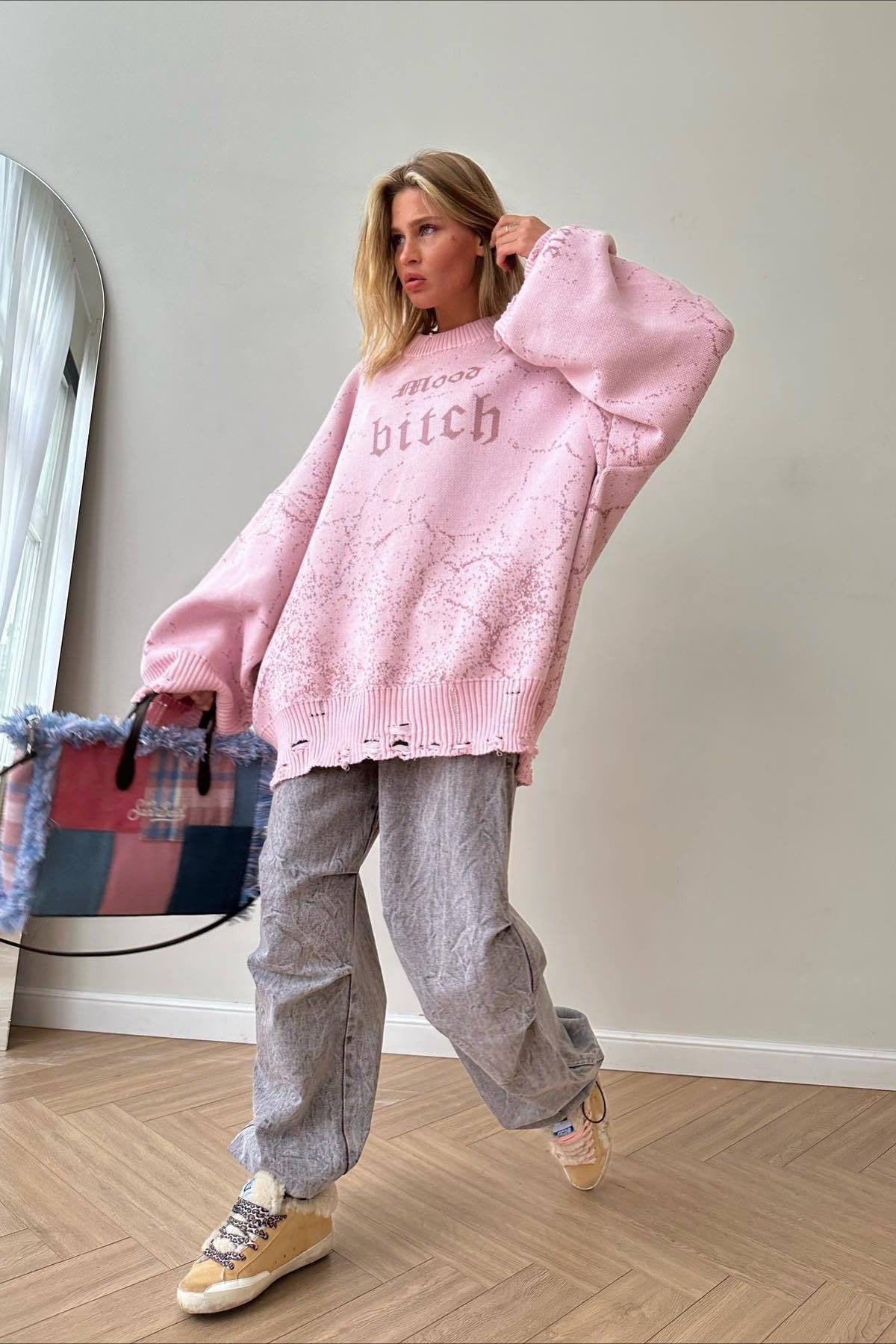 Distressed Graphic Oversized Crew Neck Knit Sweater