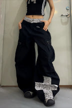 Leopard Cross Double Waist Cargo Jeans