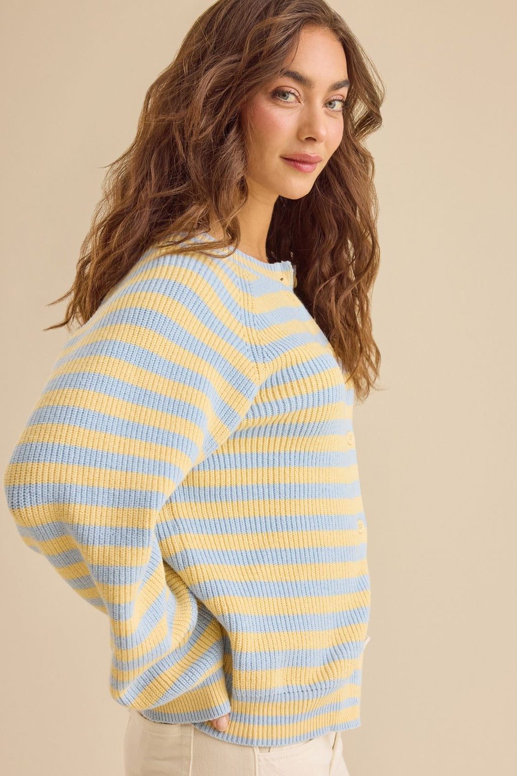Contrast Stripe Striped Long Sleeve Cardigan Knit Top