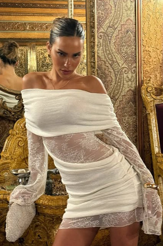 Lace One-Shoulder Hollow Insert Sleeve Slim Lace Dress Main image