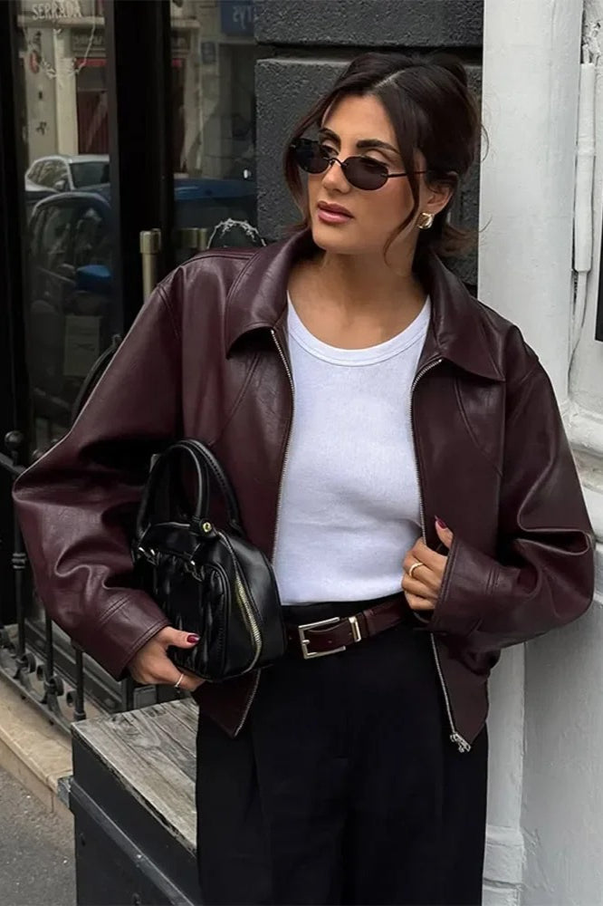 Retro Wine Red PU Leather Short Jacket Main image
