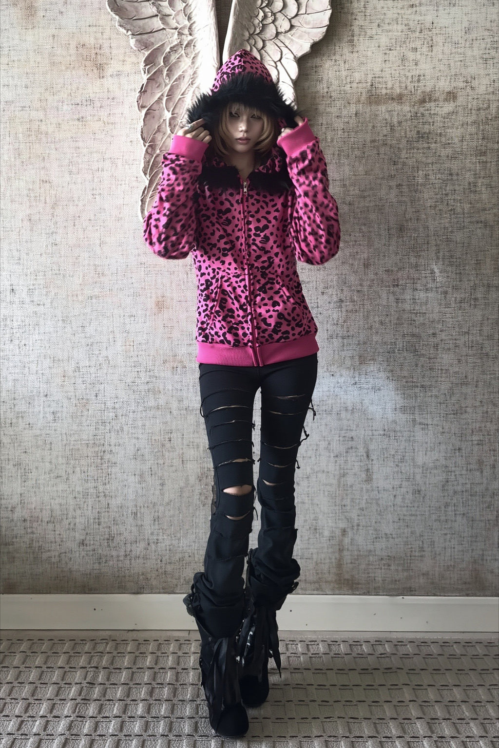 Pink Leopard Rhinestone Wing Zip Hoodie