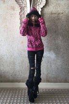 Pink Leopard Rhinestone Wing Zip Hoodie