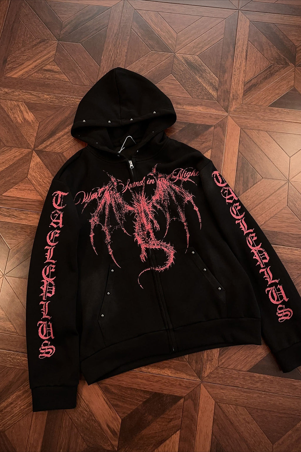 Gothic Dragon Graphic Studded Zip Hoodie