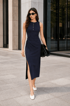 Twist Cinched Slit Sleeveless Chic Work Dress