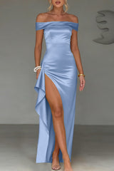 Off Shoulder Ruffle Slit Maxi Formal Dress