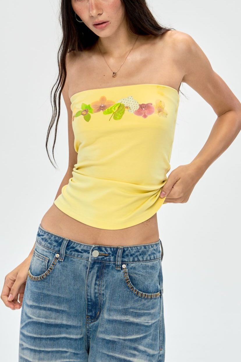 Floral Print Strapless Slim Fit Crop Top