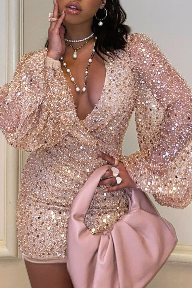 Long Sleeve V-Neck Sequin Bodycon Mini Sequin Dress Main image
