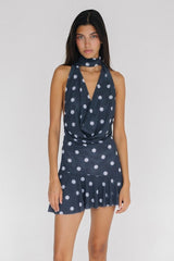 Polka Dot Mesh Deep V Mini Dress