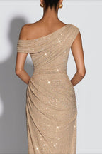 Rhinestone One-Shoulder Ruched Mermaid Maxi Dress