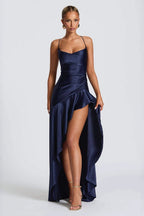 Satin Spaghetti Strap Backless Tie Elegant  Formal Dress
