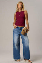 Burgundy Crew Neck Fitted Crop Top