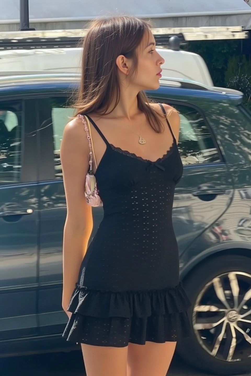 Lace Panel Cutout V Neck Bow Tiered Slip Dress Secondary image