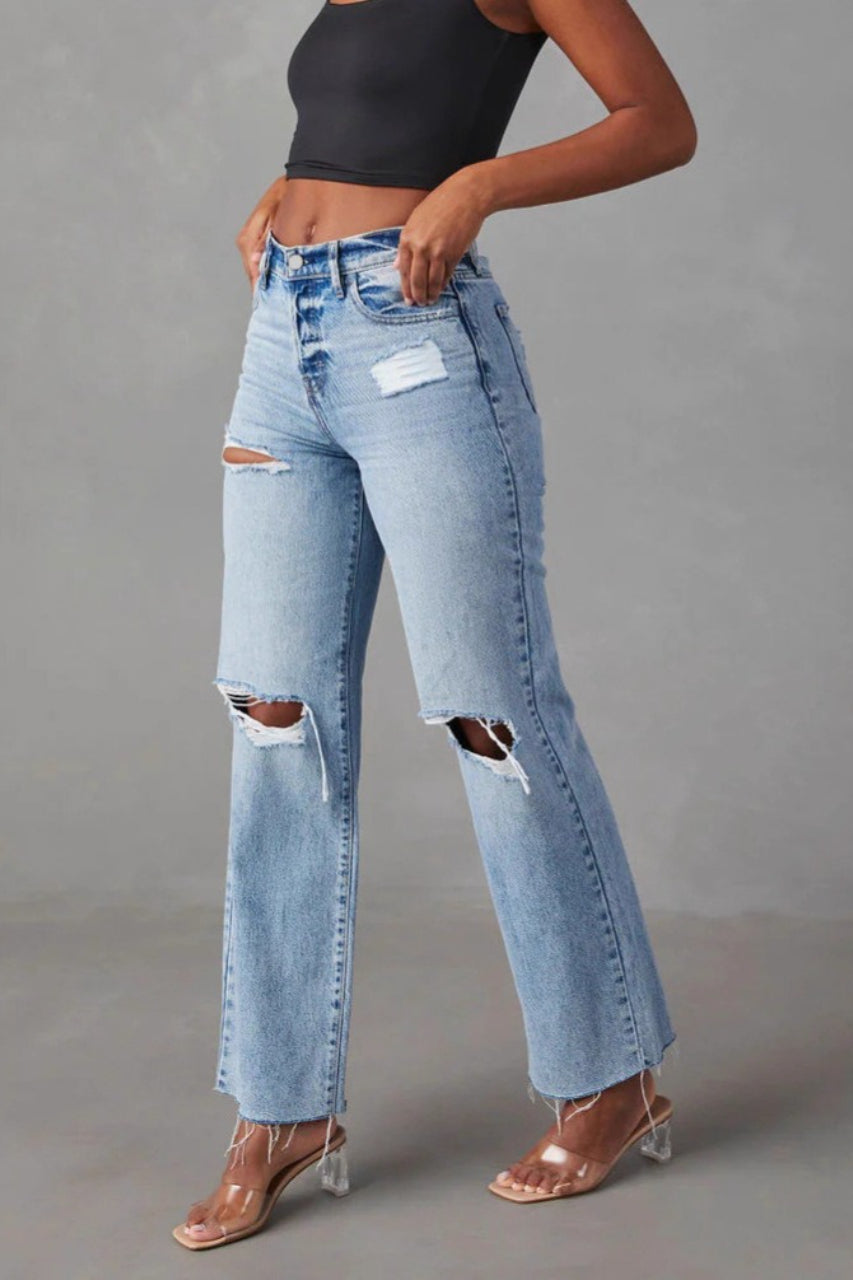 Distressed Ripped Raw Hem Washed Straight Jeans Secondary image
