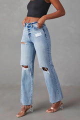 Distressed Ripped Raw Hem Washed Straight Jeans