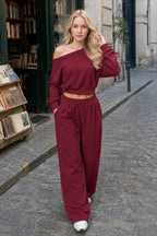 Casual Ribbed Off Shoulder Crop Sweatshirt Pants Set