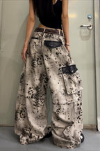 Mottled Print Wide Leg Cargo Jeans