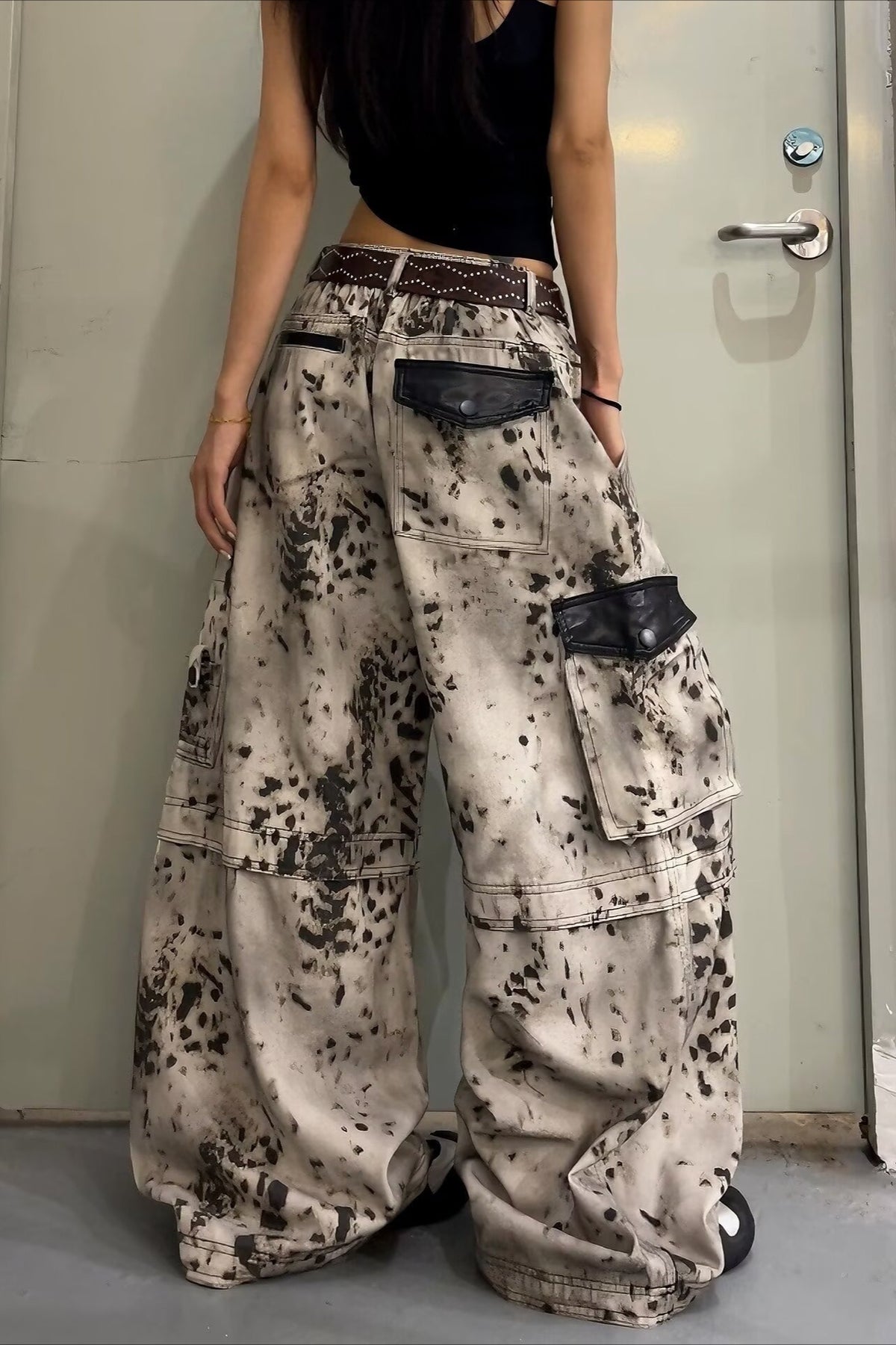 Mottled Print Wide Leg Cargo Jeans
