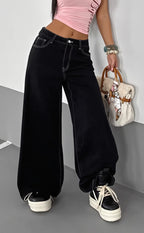 Cross Embroidered Black Wide Leg Jeans