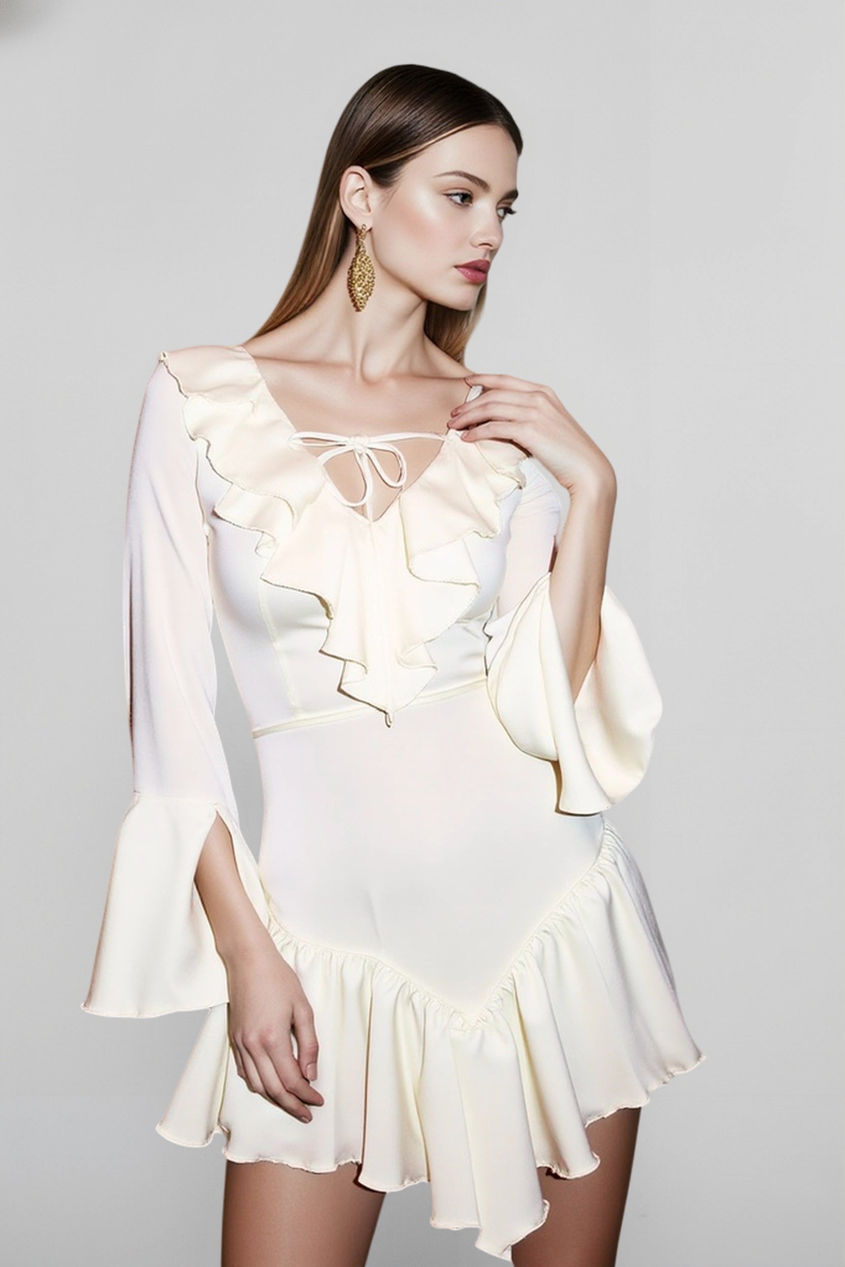 Lace-Up Ruffle V Neck A-Line Mini Dress Secondary image