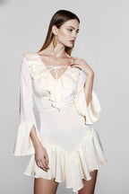Lace-Up Ruffle V Neck A-Line Mini Dress
