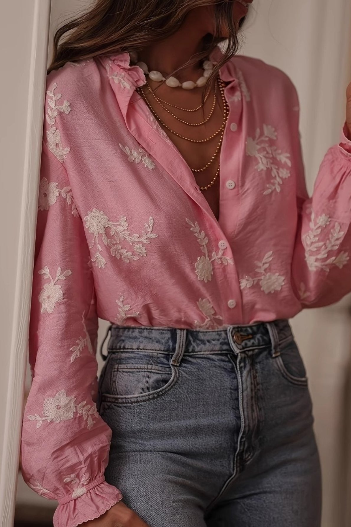 Printed Collared Lantern Sleeve Elegant Long Sleeve Blouse Main image