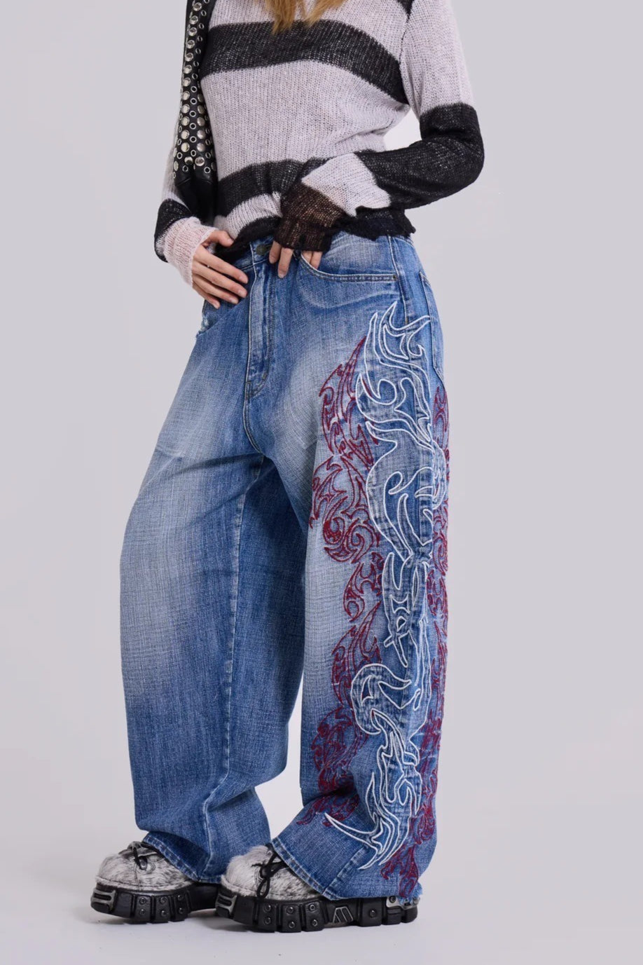 Paisley Embroidered Washed Wide Leg Jeans