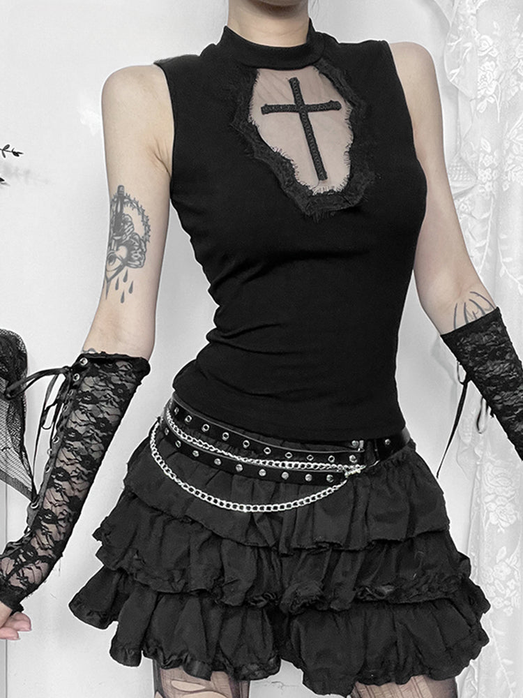 Gothic Dark Cross Mesh Patchwork See Through Grunge Alternative Crop Top Secondary image
