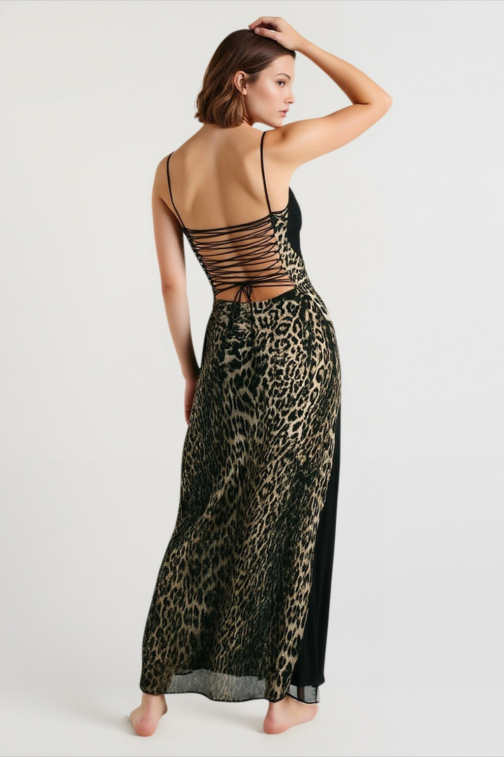 Mesh Patchwork Backless Midi Dress
