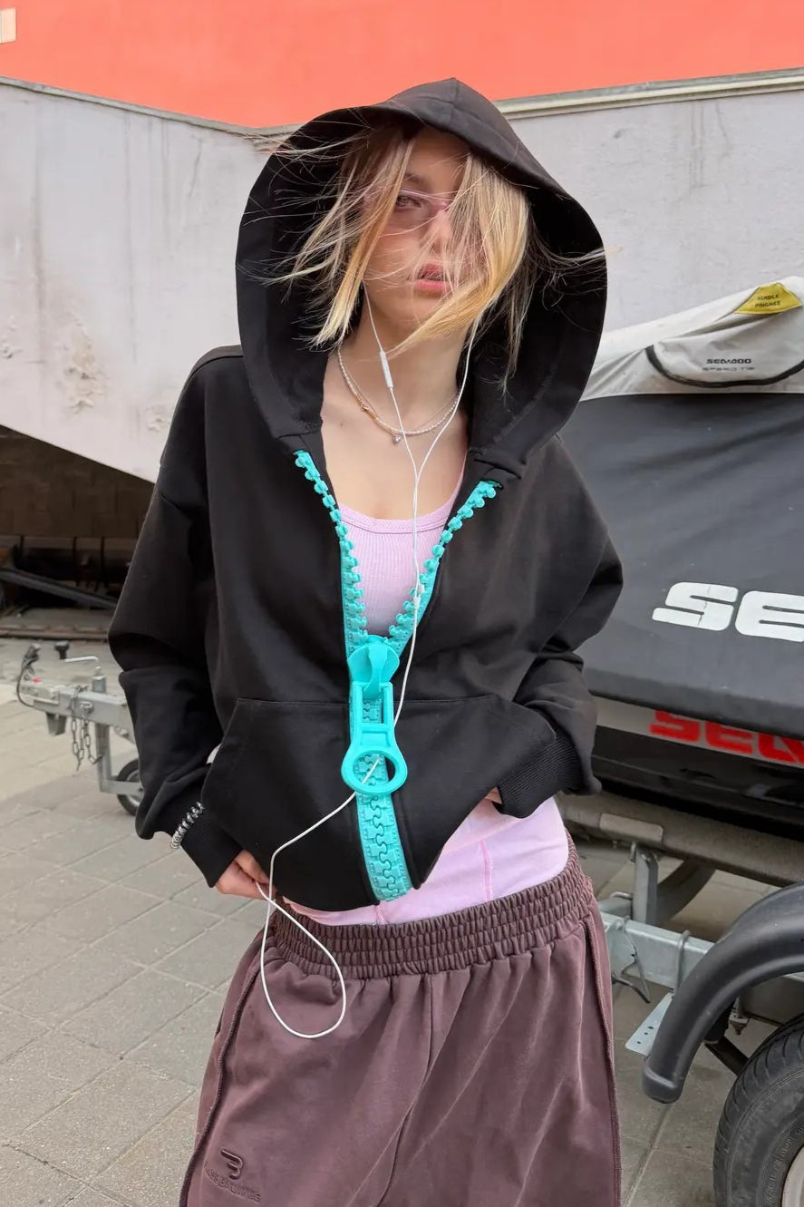 Contrast Oversized Zipper Zip Front Hoodie