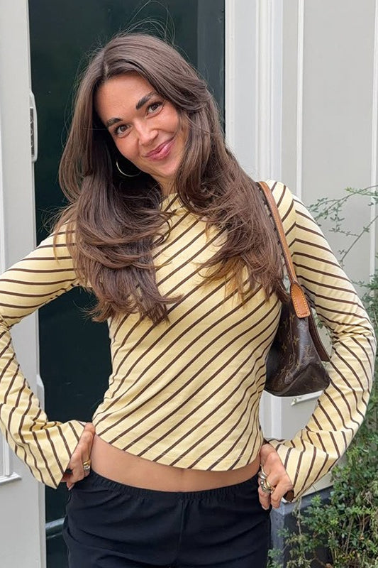 Fitted Long Sleeve Sheer Striped Crop Top