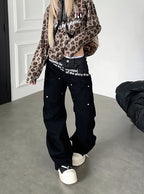 Slogan Double Waist Rivet Baggy Jeans
