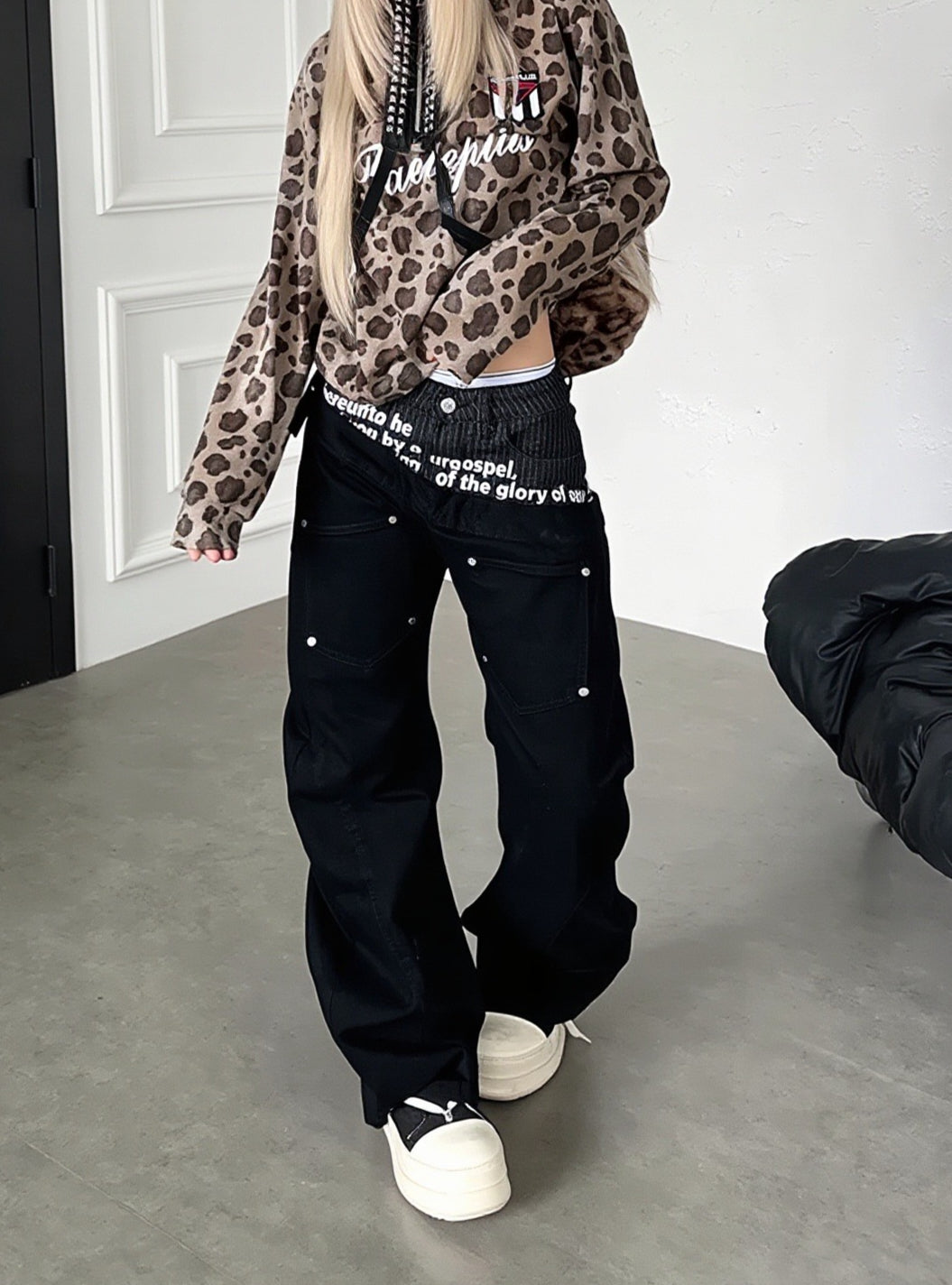 Slogan Double Waist Rivet Baggy Jeans