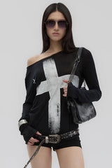 Cross Print Asymmetrical T-Shirt