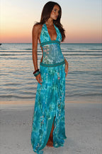 Beaded Halter Sheer Panel Maxi Dress
