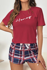 Letter Print Plaid Shorts Tee Pajama Set