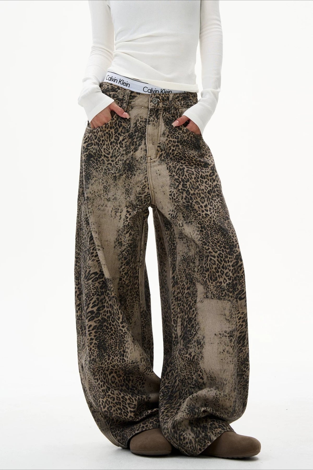 Leopard Washed Barrel Leg Streetwear Jeans