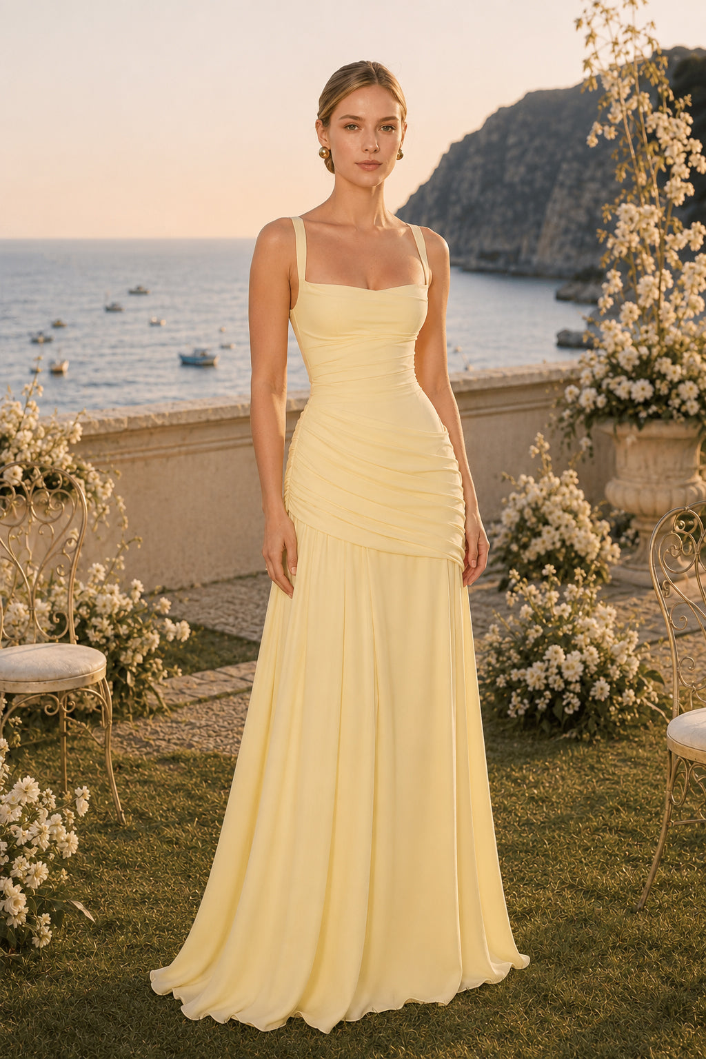 Solid Plunge Ruched Waist Backless Slip Dress