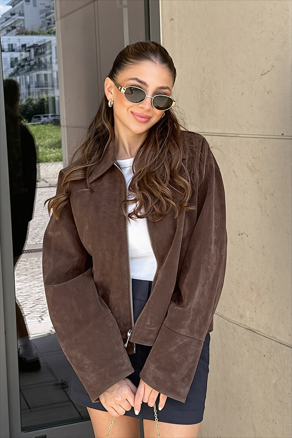 Suede Look Collared Brown Zip Jacket